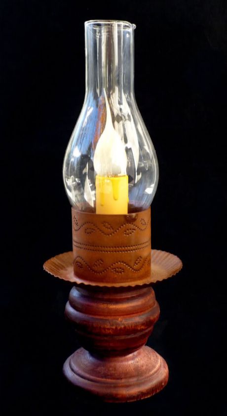 PRIMITIVE HURRICANE CANDLE ACCENT LAMP / HANDCRAFTED WOOD & METAL BASE 